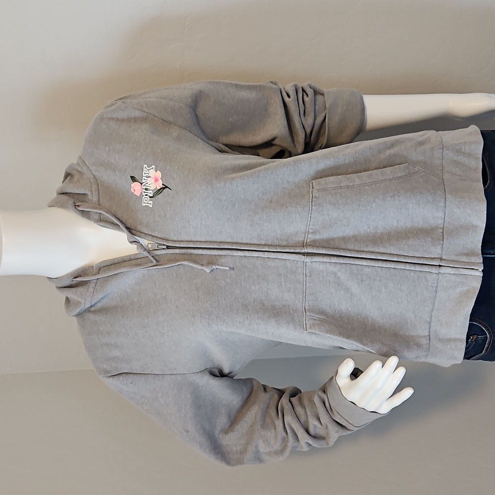 PINK Victoria's Secret Gray Zip-Up Hoodie with Pink Rose Logo
